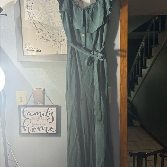 Lulu's Off The Shoulder Dark Sage Green Linen/ Rayon Ankle Length Jumpsuit Sz XL - Picture 12 of 12